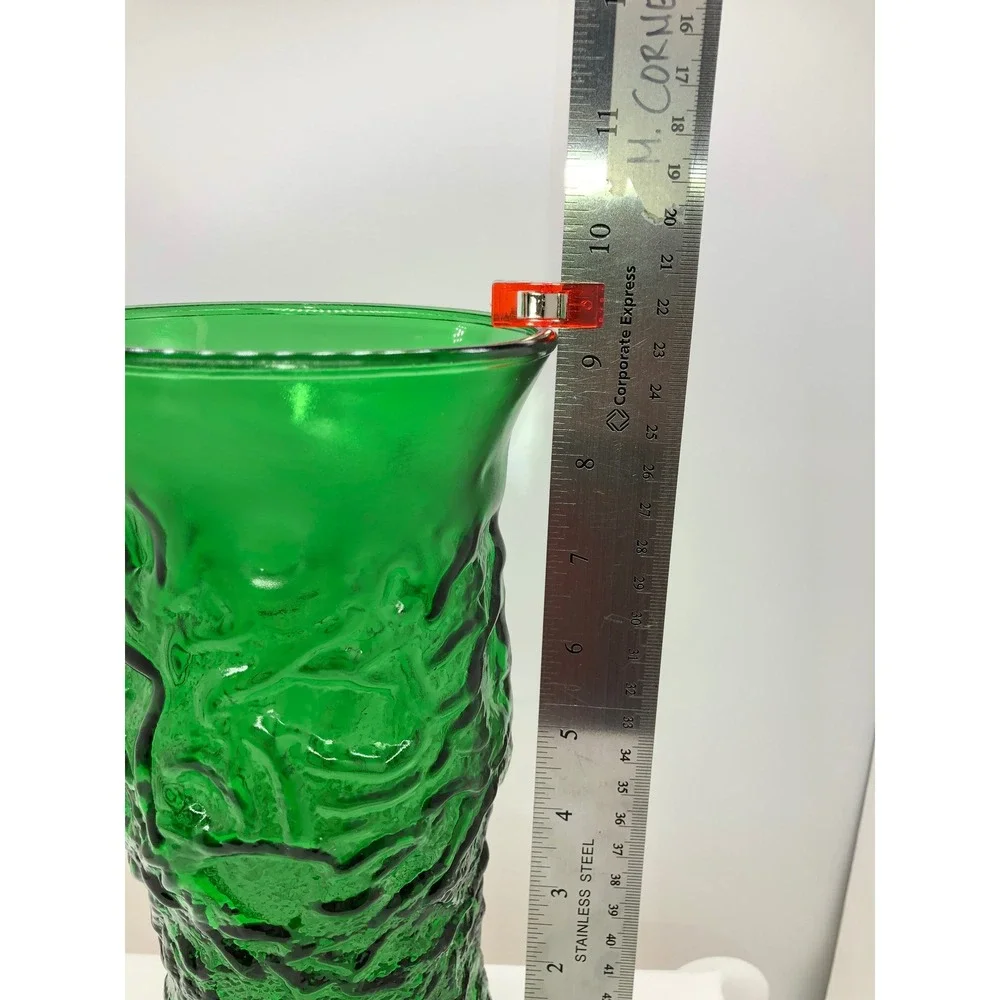 Emerald Green Textured Bark Glass Vase Mid Century Modern‎ Style Flared 9.5 inch